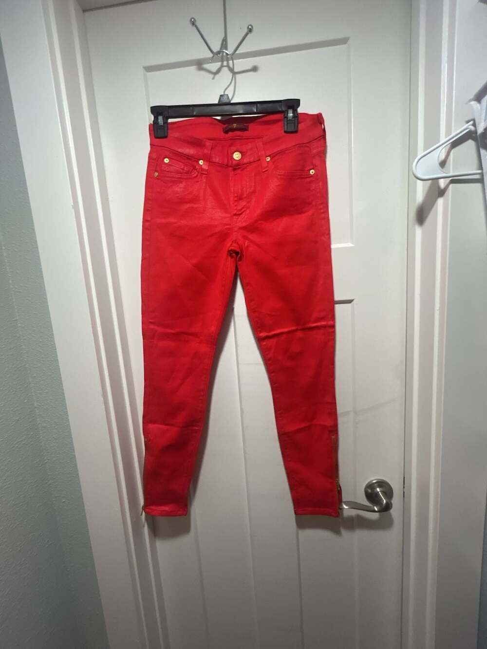 7 For All Mankind Coated Skinny Ankle Zip Jeans Size 28 Red